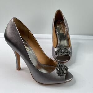 Badgley Mischka embellished gray silver satin heel SUSAN open toe shoes pump 8.5